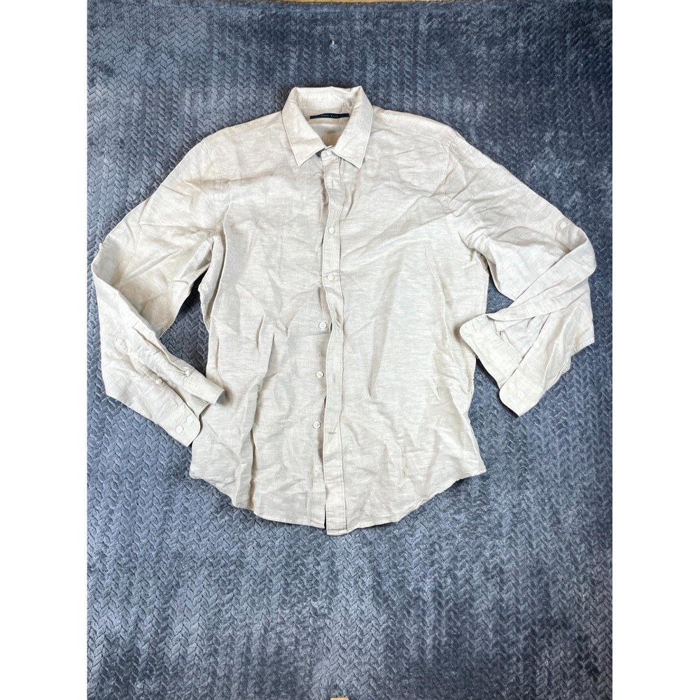 Perry Ellis Casual Shirt Men Large Beige Linen Regular Fit Long Sleeve Button Up